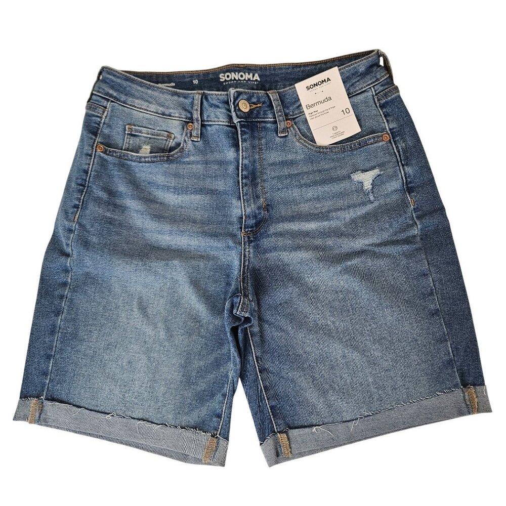 Sonoma Womens Bermuda Denim Jean Shorts Size 10 Blue Stretch High Waisted